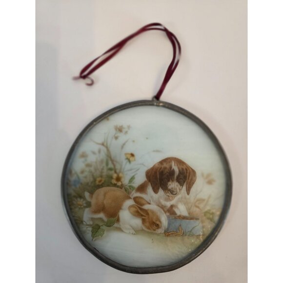 Vintage Round Stained Glass Hanging Decoration With Puppy & Bunny Suncatcher - Picture 1 of 4